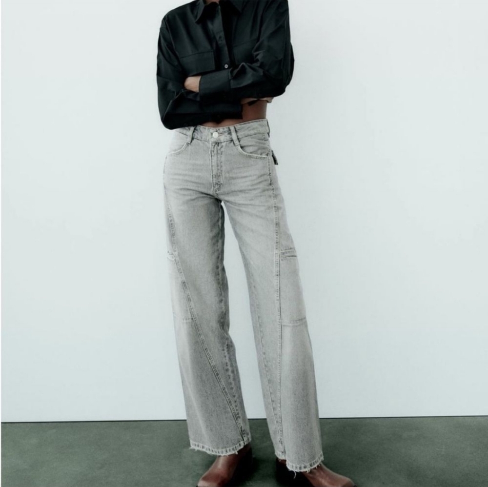 Zara Mid Rise Gray Wash TRF Cargo Wide Leg Jeans Denim Pants